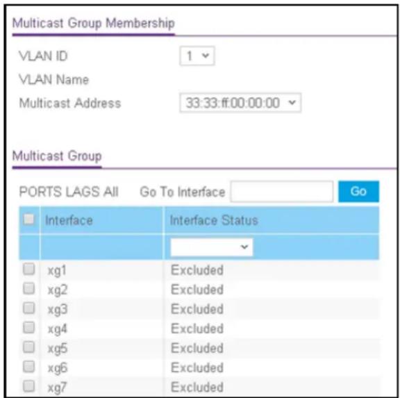 Multicast Group Membership VLAN ID 1 VLAN Name Multicast Address 33:33:ff:00:00:00 Multicast Group PORTS LAGS All Go To Interface Go Interface Interface Status xg1 Excluded xg2 Excluded xg3 Excluded xg4 Excluded xg5 Excluded xg6 Excluded xg7 Excluded
