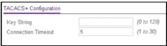 TACACS+ Configuration Key String Connection Timeout (0 to 128) 5 (1 to 30)