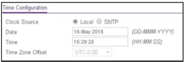 Time Configuration Clock Source ● Local ○ SNTP Date 16-May-2016 (DD-MMM-YYYY) Time 16:29:28 (HH:MM:SS) Time Zone Offset UTC 0:00