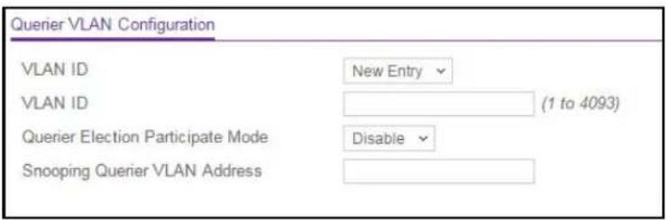 Querier VLAN Configuration VLAN ID New Entry VLAN ID (1 to 4093) Querier Election Participate Mode Disable Snooping Querier VLAN Address
