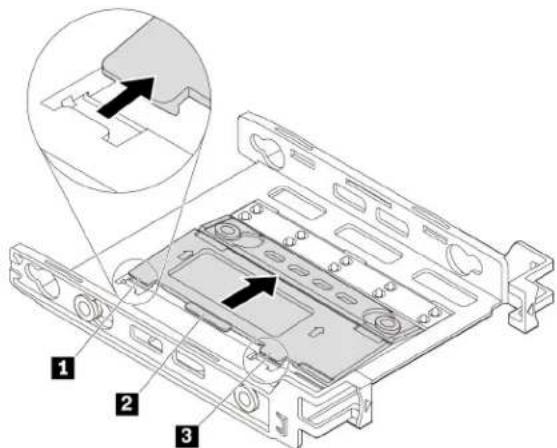 Technical diagram of a computer drive chassis with labeled components and an inset view showing internal structure.