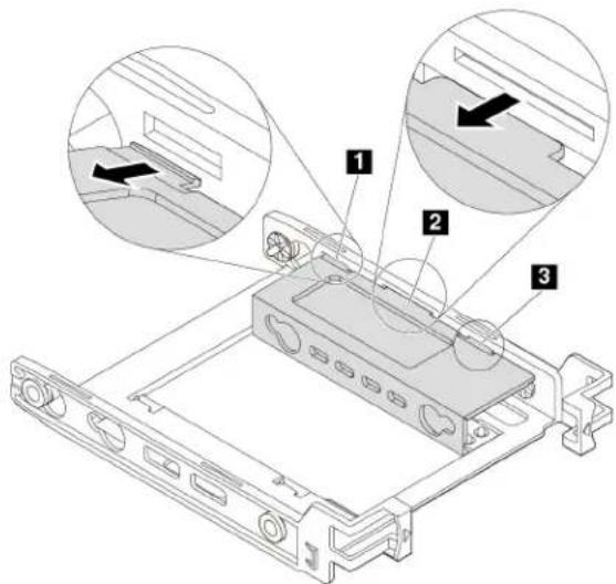 Technical diagram of a computer drive with labeled components and zoomed-in views