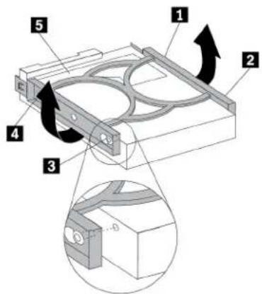 Technical diagram of a mechanical assembly with numbered components and directional arrows indicating motion or movement.