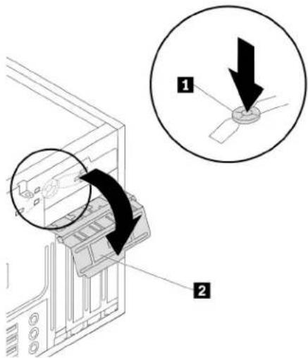 Diagram showing a computer tower with labeled parts and directional arrows indicating movement or assembly.