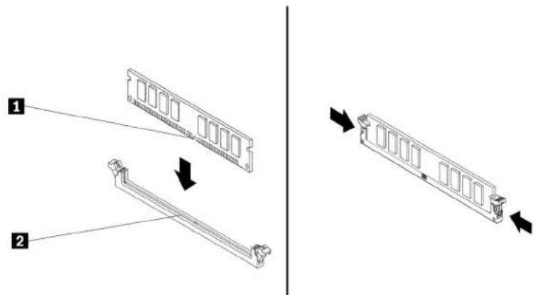 Technical diagram showing two views of a computer RAM module with labeled components and directional arrows indicating assembly or movement.