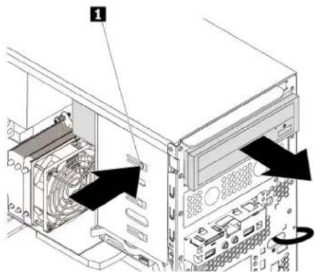 Diagram of a computer tower internal structure with labeled components and directional arrows indicating assembly or movement.