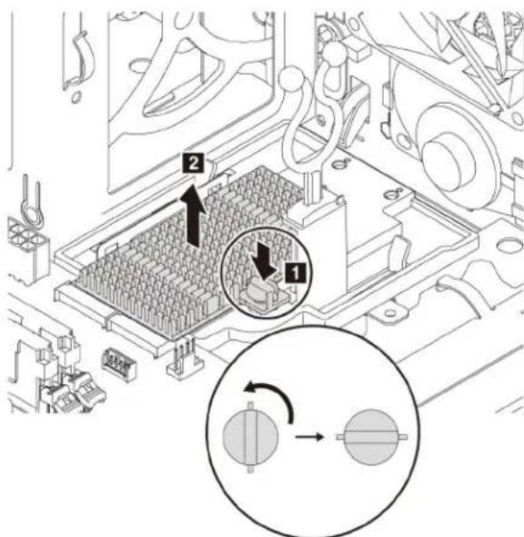 Technical diagram of a mechanical assembly with labeled components and directional arrows indicating motion or flow.