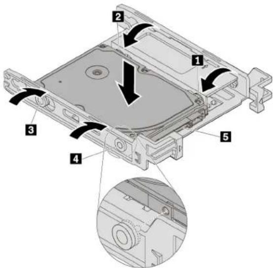 Technical diagram of a hard disk drive with numbered components and directional arrows indicating motion or assembly.
