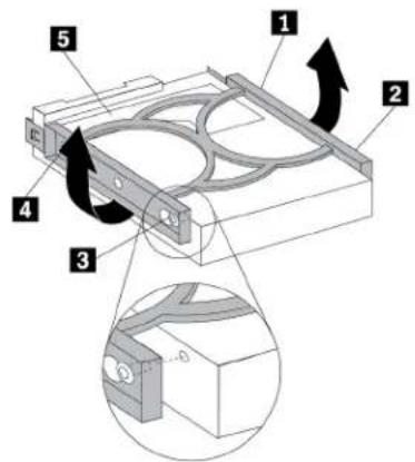 Technical diagram of a mechanical assembly with numbered components and directional arrows indicating motion or movement.