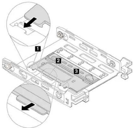 Technical diagram of a computer drive chassis with numbered components and directional arrows indicating assembly or component alignment.