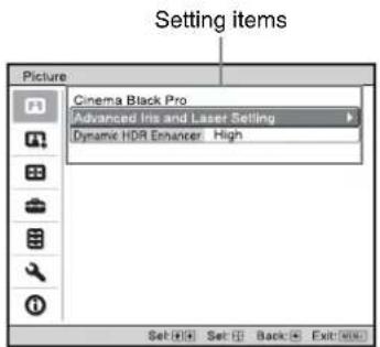 Setting items Picture Cinema Black Pro Advanced Ins and Laser Setting Dynamic HDR Enhancer: High Set Set Back Exit