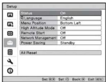 Setup Status On Language English Menu Position Bottom Left High Altitude Mode Off Remote Start Off Network Management Off Power Saving Standby All Reset Set Set Back Exit