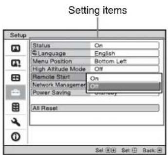 Setting items Setup Status On Language English Menu Position Bottom Left High Altitude Mode Off Remote Start On Network Manager Off Power Saving Summary All Reset Set: Set Back