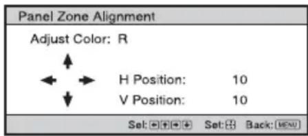 Panel Zone Alignment Adjust Color: R H Position: 10 V Position: 10 Set: 📋 → ⌘️ Set: ➕ Back: [MENU]