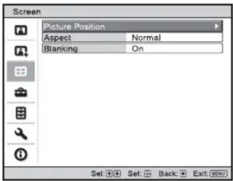 Screen Picture Position Aspect Normal Blanking On Set: Set: Back: Exit: MENU