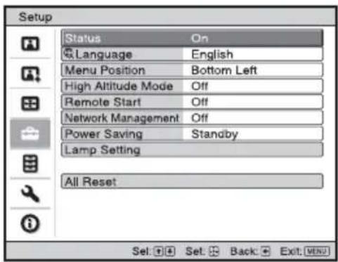 Setup Status On Language English Menu Position Bottom Left High Altitude Mode Off Remote Start Off Network Management Off Power Saving Standby Lamp Setting All Reset Set: Set: Back: Exit: MENU