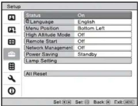 Setup Status On Language English Menu Position Bottom Left High Altitude Mode Off Remote Start Off Network Management Off Power Saving Standby Lamp Setting All Reset Set: Set: Back: Exit: [REA]