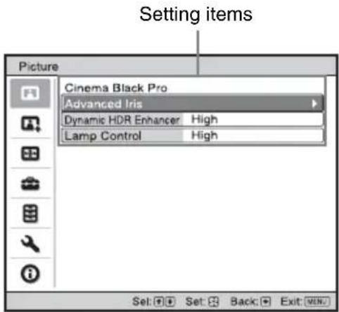 Setting items Picture Cinema Black Pro Advanced Iris Dynamic HDR Enhancer High Lamp Control High Set: Set: Back: Exit: exit: