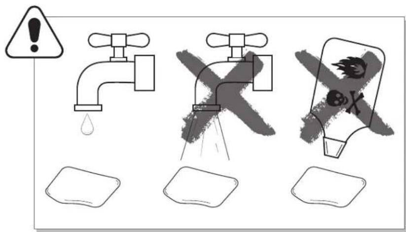 Safety warning illustration showing three water tap symbols: water drop, cross-shaped valve, and shield with warning symbol