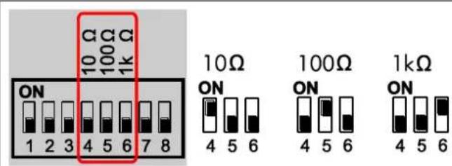 10 Ω 100 Ω 1k Ω ON 1 2 3 4 5 6 7 8 10 Ω ON 4 5 6 100 Ω ON 4 5 6 1k Ω ON 4 5 6