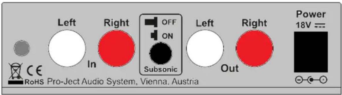 Left Right OFF In Subsonic ON Left Right Power Out Power 18V --- RoHS Pro-Ject Audio System, Vienna, Austria