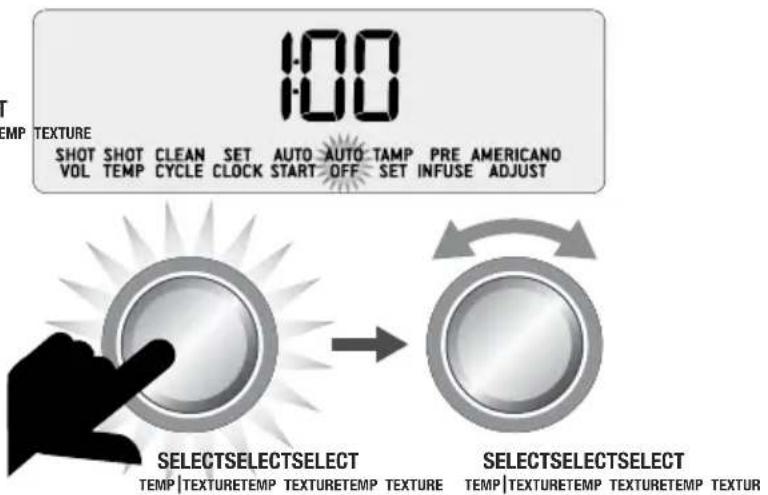 100 TEMP TEXTURE SHOT SHOT CLEAN SET AUTO AUTO TAMP PRE AMERICANO VOL TEMP CYCLE CLOCK START OFF SET INFUSE ADJUST SELECTSELECTSELECT TEMP|TEXTURETEMP TEXTURETEMP TEXTURE SELECTSELECTSELECT TEMP|TEXTURETEMP TEXTURETEMP TEXTUR