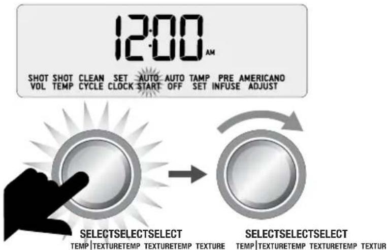 12:00 AM SHOT SHOT CLEAN SET AUTO AUTO TAMP PRE AMERICANO VOL TEMP CYCLE CLOCK START OFF SET INFUSE ADJUST SELECTSELECTSELECT TEMP|TEXTURETEMP TEXTURETEMP TEXTURE SELECTSELECTSELECT TEMP|TEXTURETEMP TEXTURETEMP TEXTURE