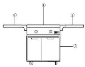Technical diagram of a kitchen appliance with labeled components and mounting points