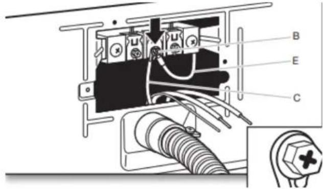 Technical diagram of an electrical contactor with labeled components A, B, C and internal wiring connections