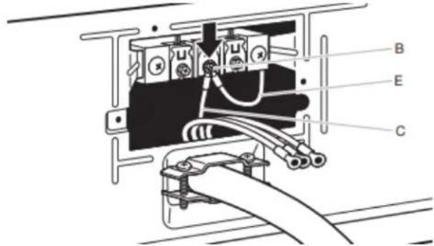 Technical diagram of an electrical component with labeled parts A, B, C, and E