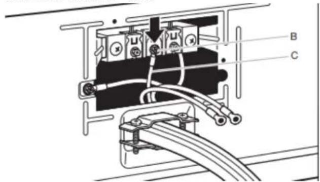 Technical diagram of an electrical contactor with labeled components A, B, and C