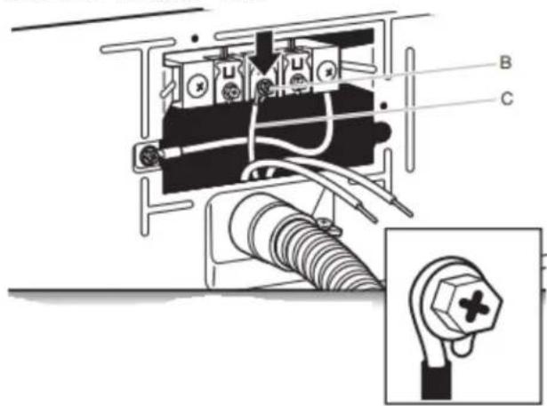 Technical diagram of an electrical component with labeled parts B and C, showing wiring and a close-up of the plug.
