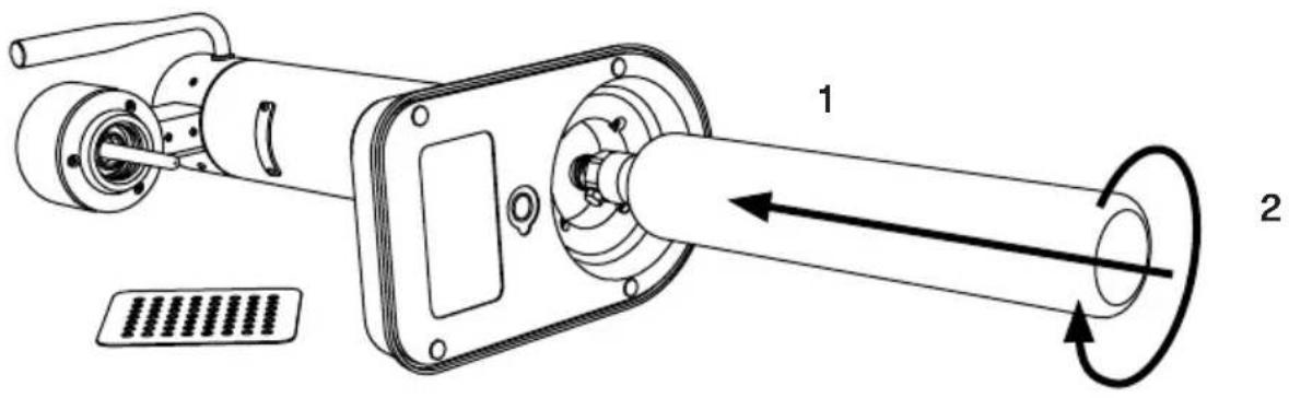 Technical diagram of a mechanical device with labeled parts and directional arrows indicating motion or flow.