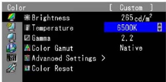 Color Brightness 265cd/m² Temperature 6500K Gamma 2.2 Color Gamut Native Advanced Settings > Color Reset