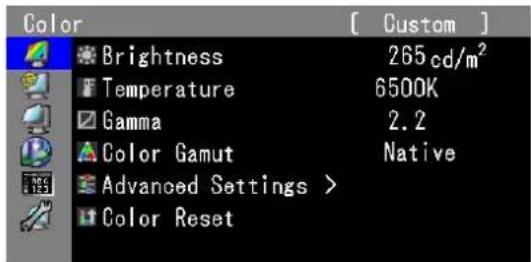 Color Brightness 265cd/m² Temperature 6500K Gamma 2.2 Color Gamut Native Advanced Settings > Color Reset