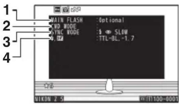 MAIN FLASH :Optional CMD MODE :$ SYNC MODE :$ ↔ SLOW %, 02 :TTL-8L, -1.7 VIKON Z S | FT1100-0001