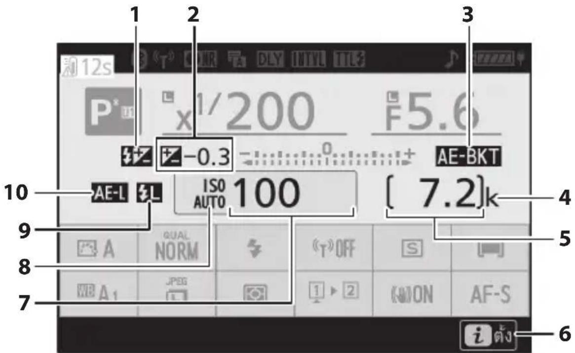 1 2 3 12s x1/200 F5.6 -0.3 AE-BKT 10 AE-L ISO AUTO 100 [7.2]k 4 9 5 8 7 QUAL NORM T OFF S WE A1 JPEG 1 > 2 ON AF-S i ตั้ง 6