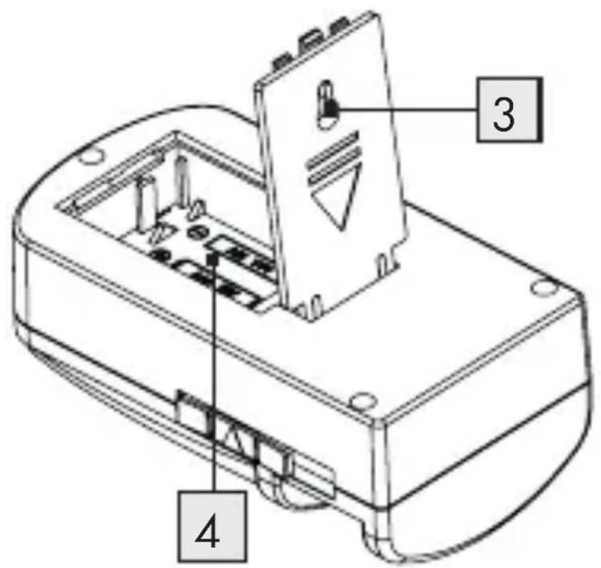 Technical diagram of an electronic device with labeled components 3 and 4, showing internal wiring and mounting points.