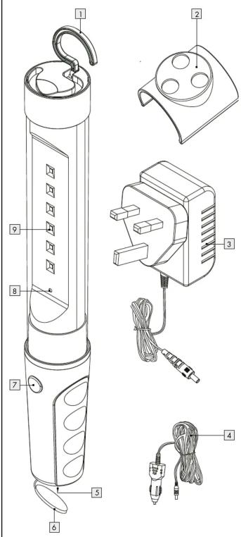 Technical diagram of a portable flash lamp with labeled components including handle, socket, and cable