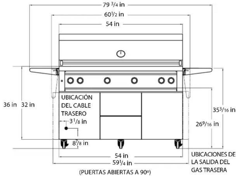 79 3/4 in 60 1/2 in 54 in 36 in 32 in UBICACIÓN DEL CABLE TRASERO 3 1/8 in 8 7/8 in 54 in 59 1/4 in (PUERTAS ABIERTAS A 90°) 35 3/16 in 26 9/16 in UBICACIONES DE LA SALIDA DEL GAS TRASERA