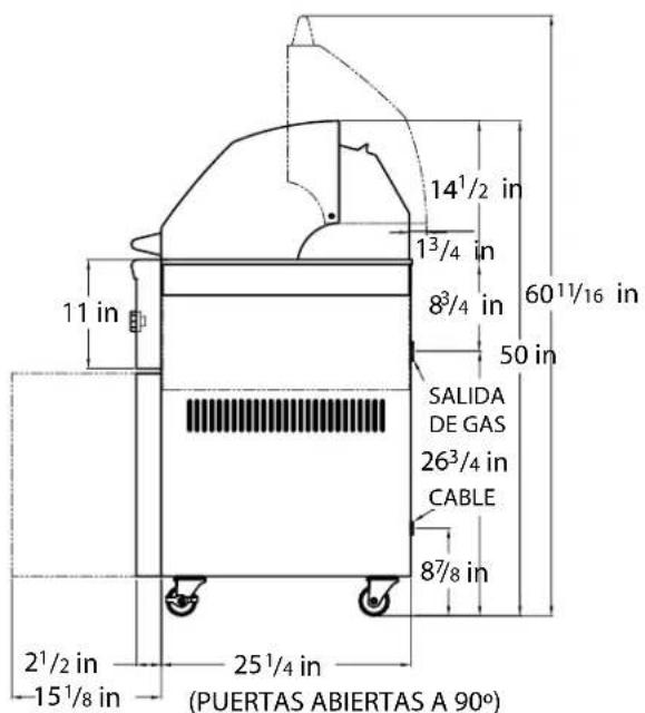 14½ in 1³/₄ in 8³/₄ in 60¹¹/₁₆ in 50 in SALIDA DE GAS 26³/₄ in CABLE 8⁷/₈ in 2½ in 25½ in (PUERTAS ABIERTAS A 90°) 11 in 15½ in