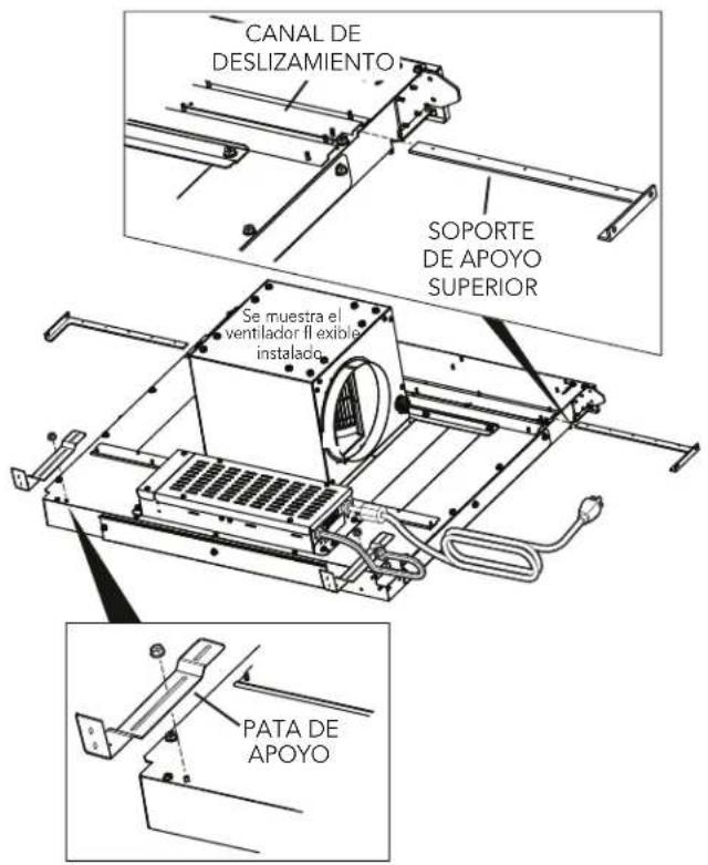 CANAL DE DESLIZAMIENTO SOPORTE DE APOYO SUPERIOR Se muestra el ventilador il exibie instalado PATA DE APOYO