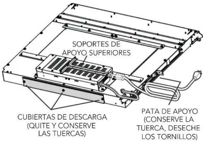 SOPORTES DE APOYO SUPERIORES CUBIERTAS DE DESCARGA (QUITE Y CONSERVE LAS TUERCAS) PATA DE APOYO (CONSERVE LA TUERCA, DESECHE LOS TORNILLOS)