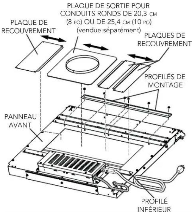 PLAQUE DE SORTIE POUR CONDUITS RONDS DE 20,3 CM (8 PO) OU DE 25,4 CM (10 PO) (vendue séparément) PLAQUES DE RECOUVREMENT PROFILÉS DE MONTAGE PANNEAU AVANT PROFILÉ INFÉRIEUR