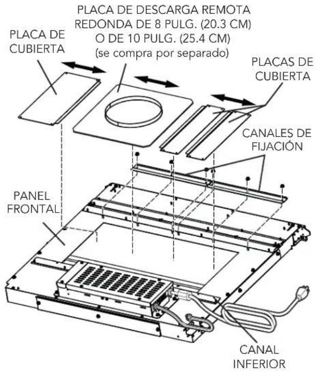 PLACA DE DESCARGA REMOTA REDONDA DE 8 PULG. (20.3 CM) O DE 10 PULG. (25.4 CM) (se compra por separado) PLACA DE CUBIERTA PLACAS DE CUBIERTA CANALES DE FIJACIÓN PANEL FRONTAL CANAL INFERIOR