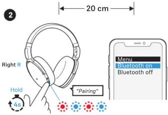 20 cm Right R Hold 4s "Pairing" Menu Bluetooth on Bluetooth off