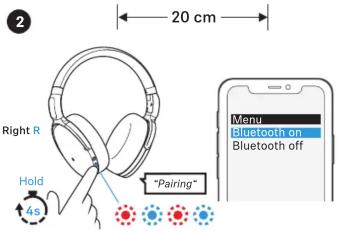 20 cm Right R Hold 4s "Pairing" Menu Bluetooth on Bluetooth off
