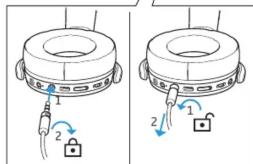 Diagram showing two configurations of a lock mechanism with labeled parts and directional arrows indicating rotation or movement.