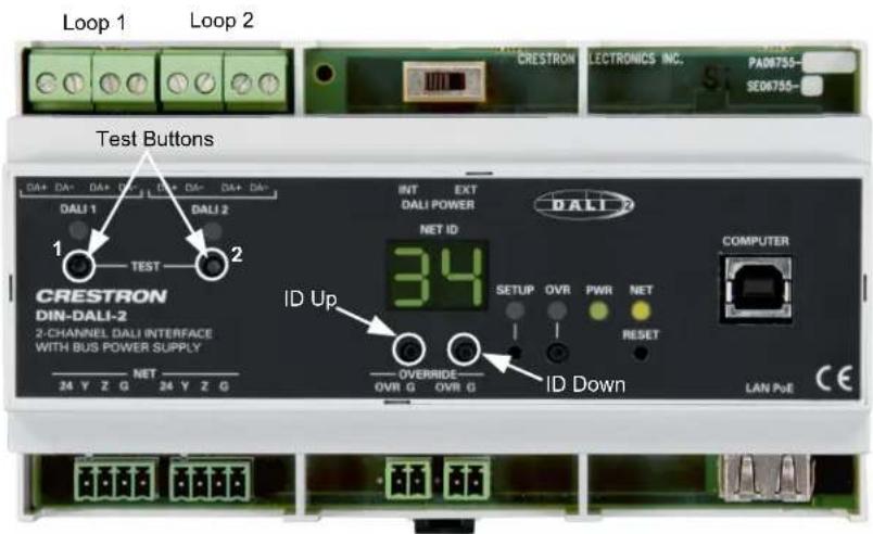 Loop 1 Loop 2 Test Buttons DA+ DA- DA+ DA- DA+ DA- DALI 1 DALI 2 TEST CRESTRON DIN-DALI-2 2-CHANNEL DALI INTERFACE WITH BUS POWER SUPPLY NET 24 Y Z G 34 Y Z G INT 34 EXT DALI POWER NET ID SETUP OVR PWR NET RESET ID Up OVERRIDE OVR G OVR G ID Down CAMERA ELECTRONICS INC. PA06755- SE06755- COMPUTER LAN PVE CE