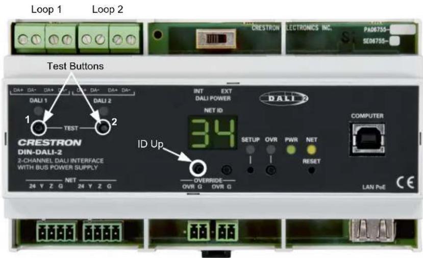 Loop 1 Loop 2 Test Buttons DA+ DA- DA+ DA- DA+ DA+ DALI 1 DALI 2 TEST CRESTRON DIN-DALI-2 2-CANNEL DALI INTERFACE WITH BUS POWER SUPPLY NET 24 Y Z G 24 Y Z G INT EXT DALI POWER NET ID 34 ID Up OVERRIDE OVR G OVR G SETUP OVR PWR NET RESET COMPUTER LAN Pse CE